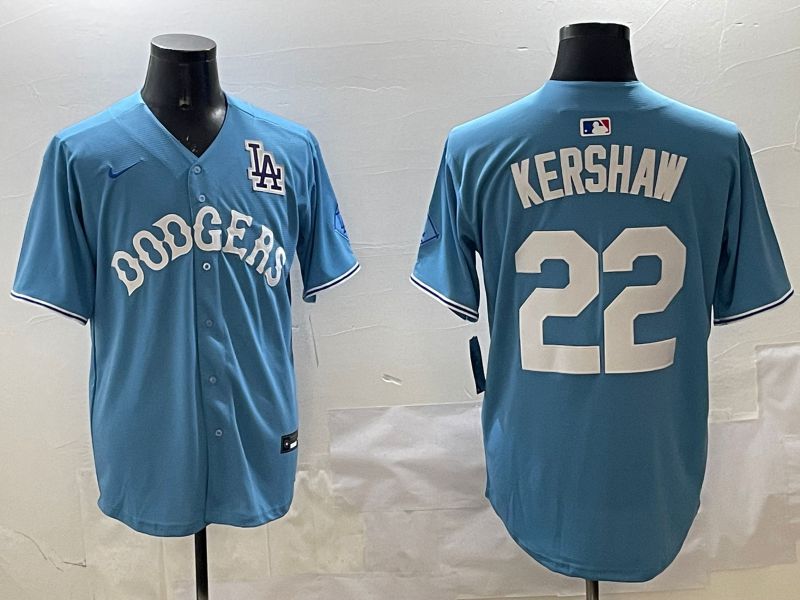 Men Los Angeles Dodgers #22 Kershaw Light Blue Joint Name 2025 Nike MLB Jersey style 6